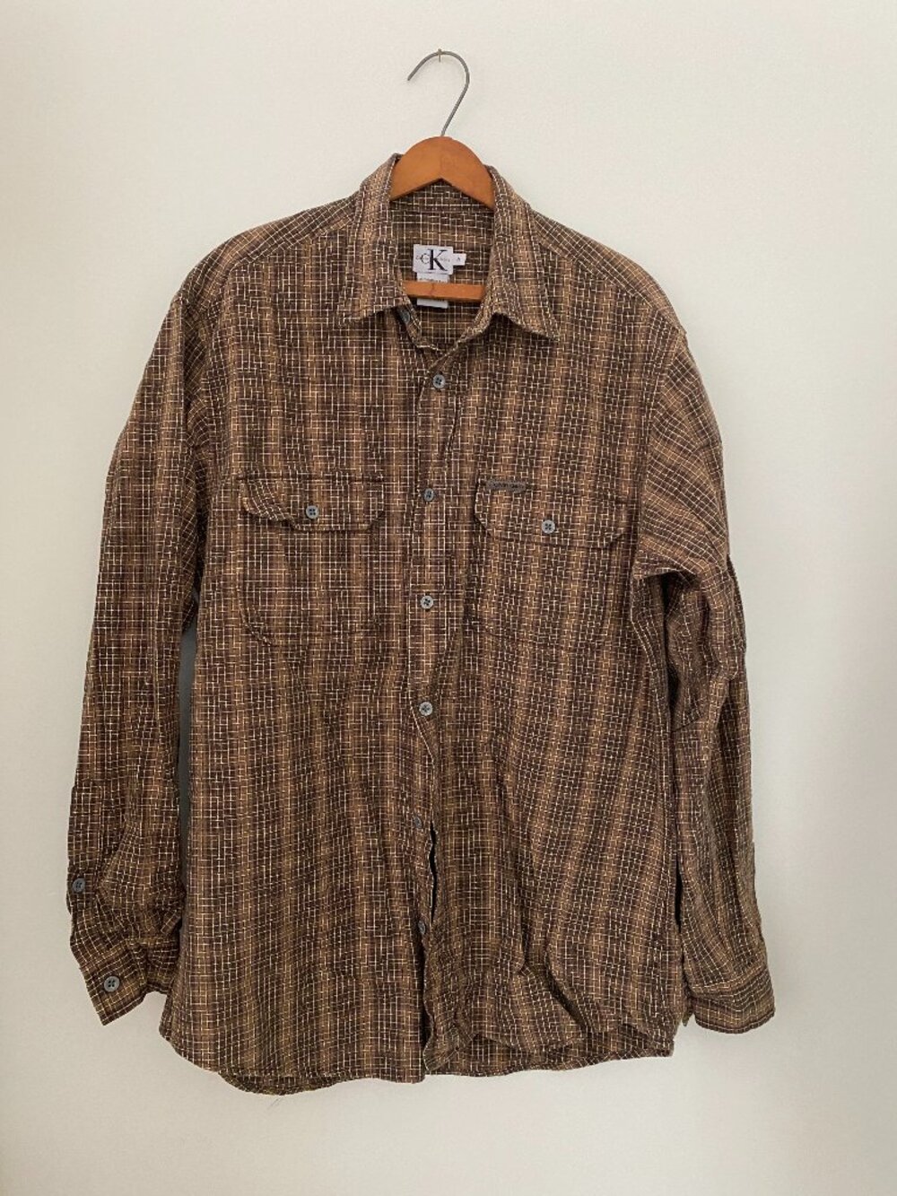 VINTAGE CALVIN KLEIN BUTTON UP BROWN TARTAN PLAID MADE IN HONG KONG SIZE MEDIUM